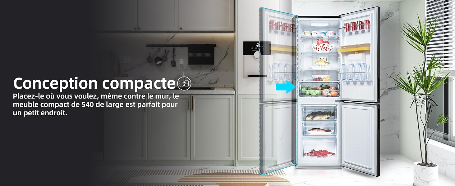 un réfrigérateur avec une porte ouverte et une flèche bleue pointant vers la droite.