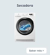 Texte : « Secadora » et « Saber más ». Sèche-linge blanc moderne avec porte en verre foncé montrant un tissu bleu à l'intérieur.
