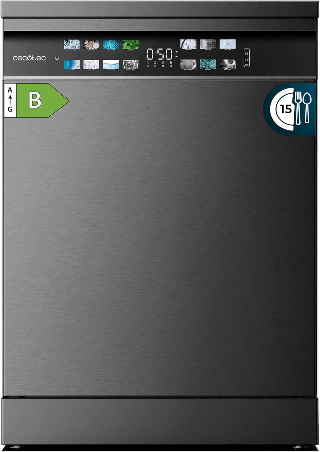 Cecotec - Bolero Aguazero 6700 Dark B - 60cm - 15 couverts, Classe B, moteur Inverter, Double Zone, Turbo Dry+