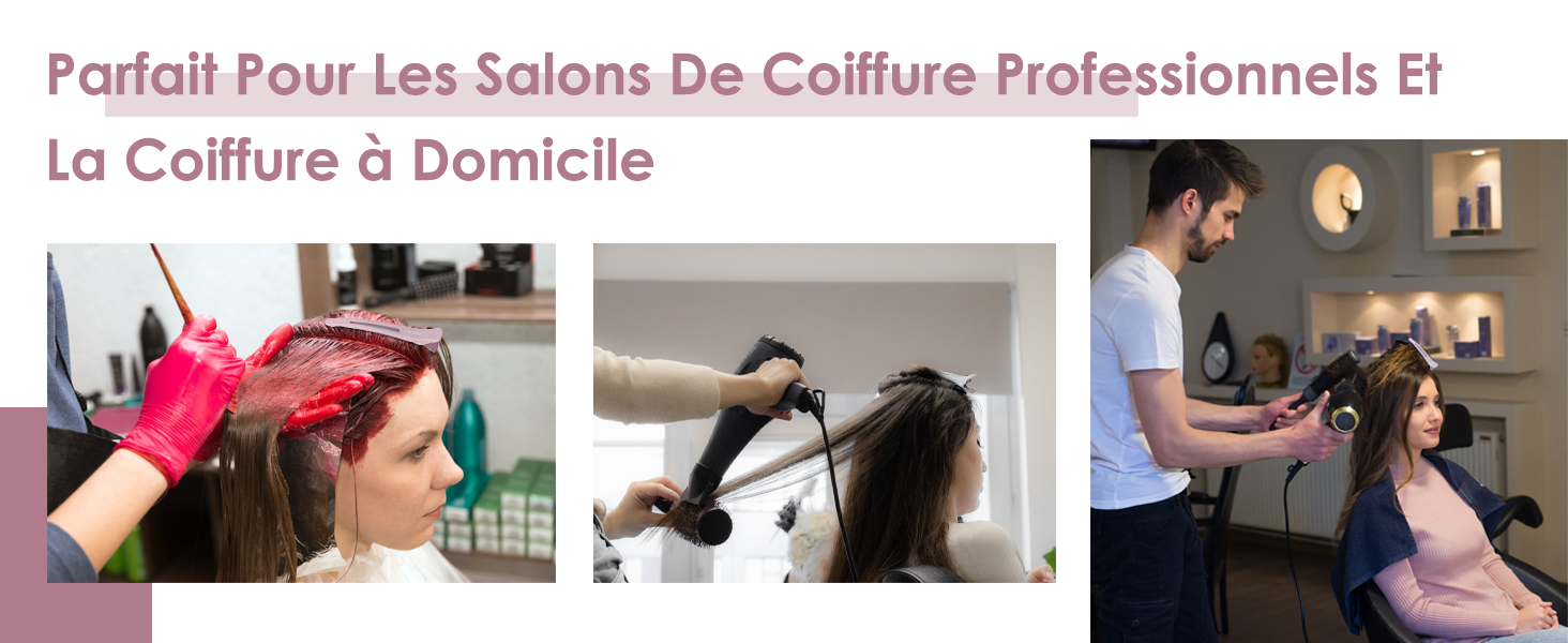 Collage de trois scènes de coiffure : application de teinture capillaire, séchage au sèche-cheveux et coupe de cheveux dans un