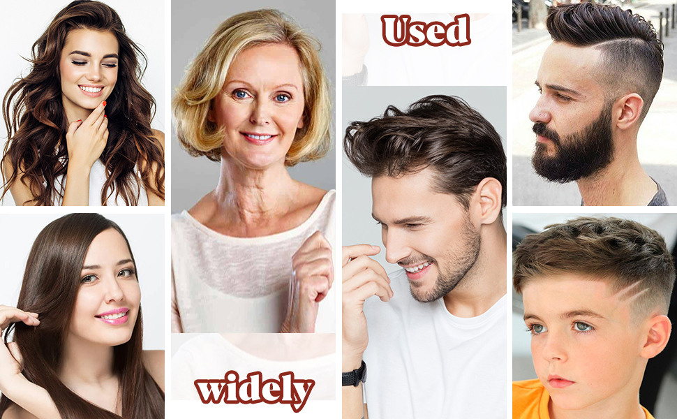 Collage de différentes coiffures et coupes de cheveux pour hommes et femmes. Comprend des styles longs, courts et moyens avec différentes textures et couleurs.