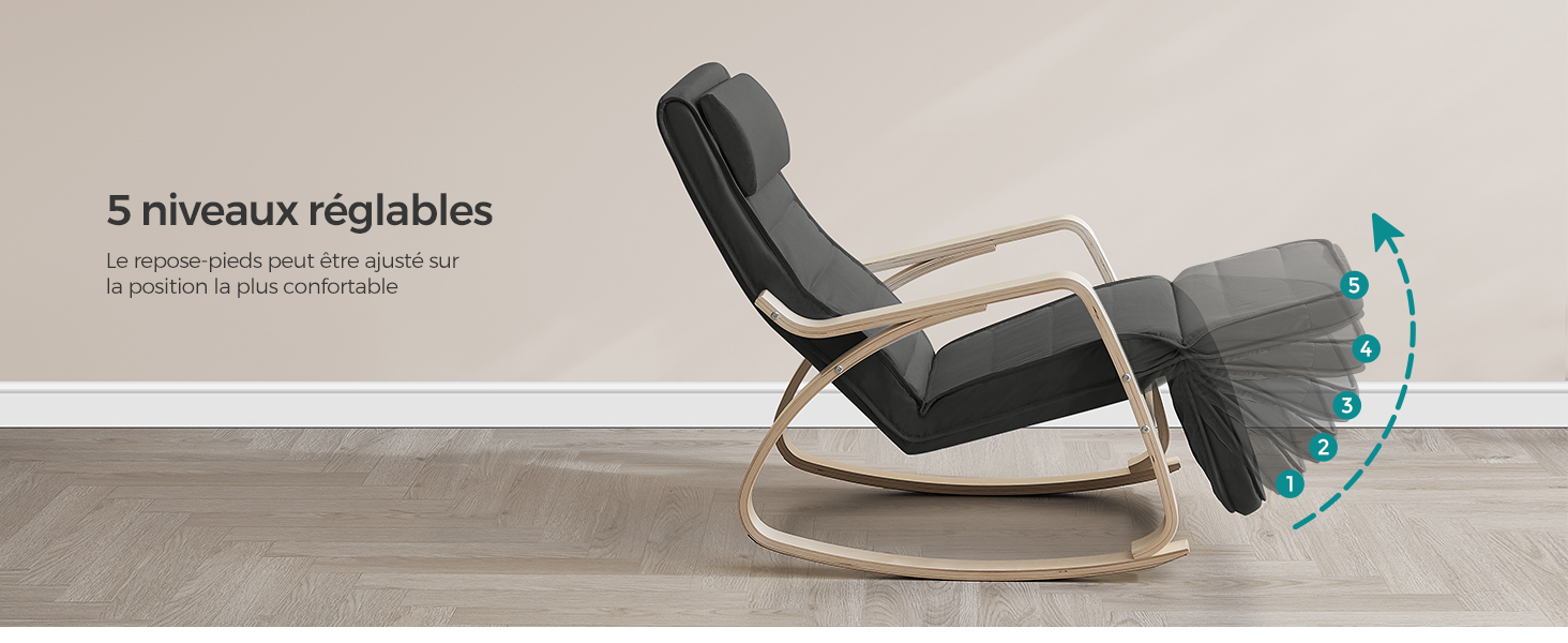 avec dossier réglable, avec 5 niveaux d'inclinaison. Assise rembourrée grise sur une structure en bois clair