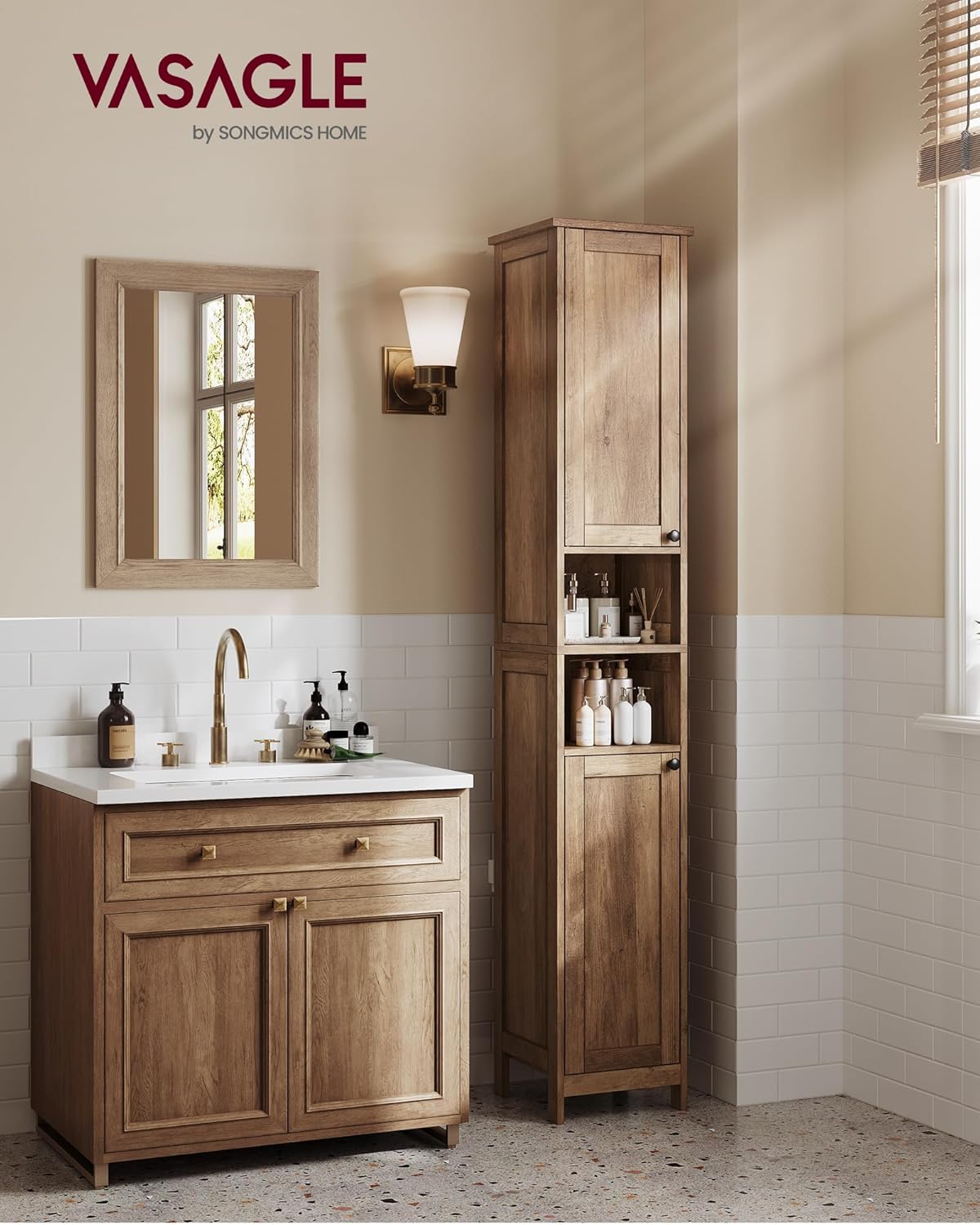 VASAGLE - armoire de salle de bain haute - 30 cm - étagères réglables, éclairage, marron miel - BBK566KB01