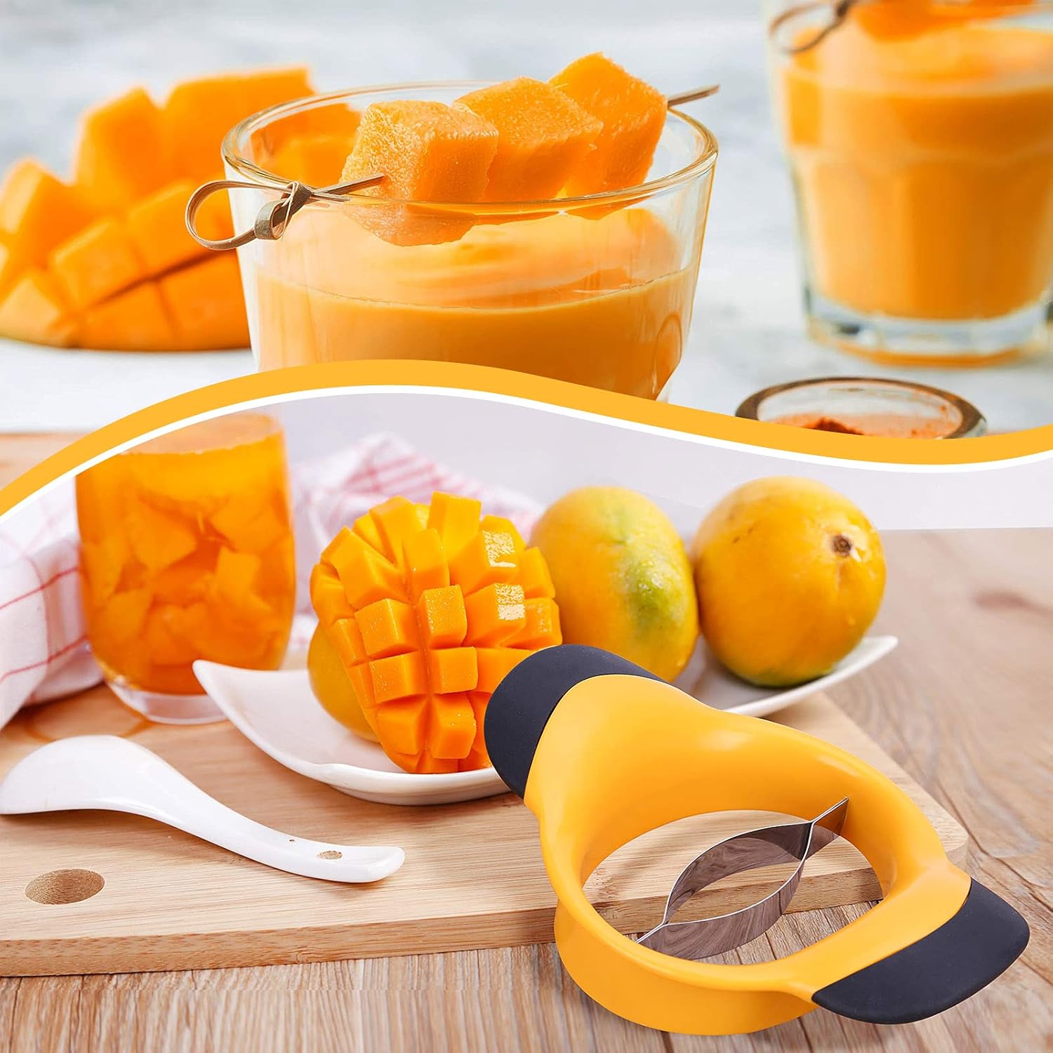 Trancheuse à mangue - lame inoxydable, coupe et carottage facile - jaune