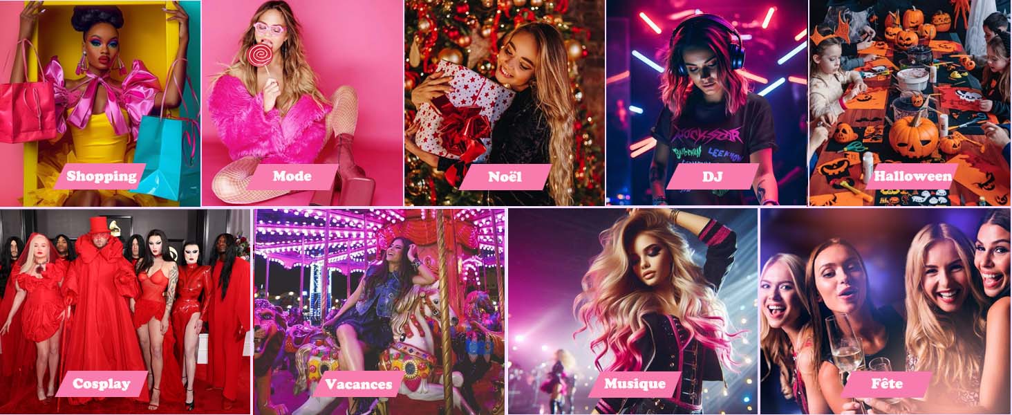 Collage de neuf scènes de fête colorées avec des tenues festives, un éclairage vibrant et des ambiances festives. Les images présentent divers rassemblements sociaux avec des thèmes vifs et énergiques et une esthétique glamour