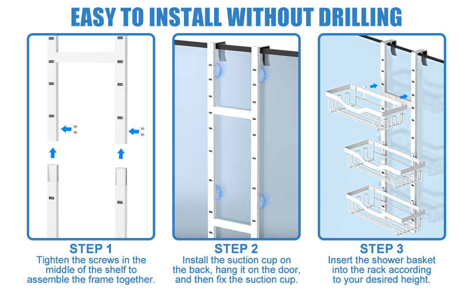 Guide d'installation en trois étapes pour un rack de rangement monté sur porte. Montre l'assemblage du cadre, l'accrochage à la porte et l'insertion de paniers. Les graphiques d'instructions en bleu et blanc mettent l'accent sur le processus d'installation sans perçage