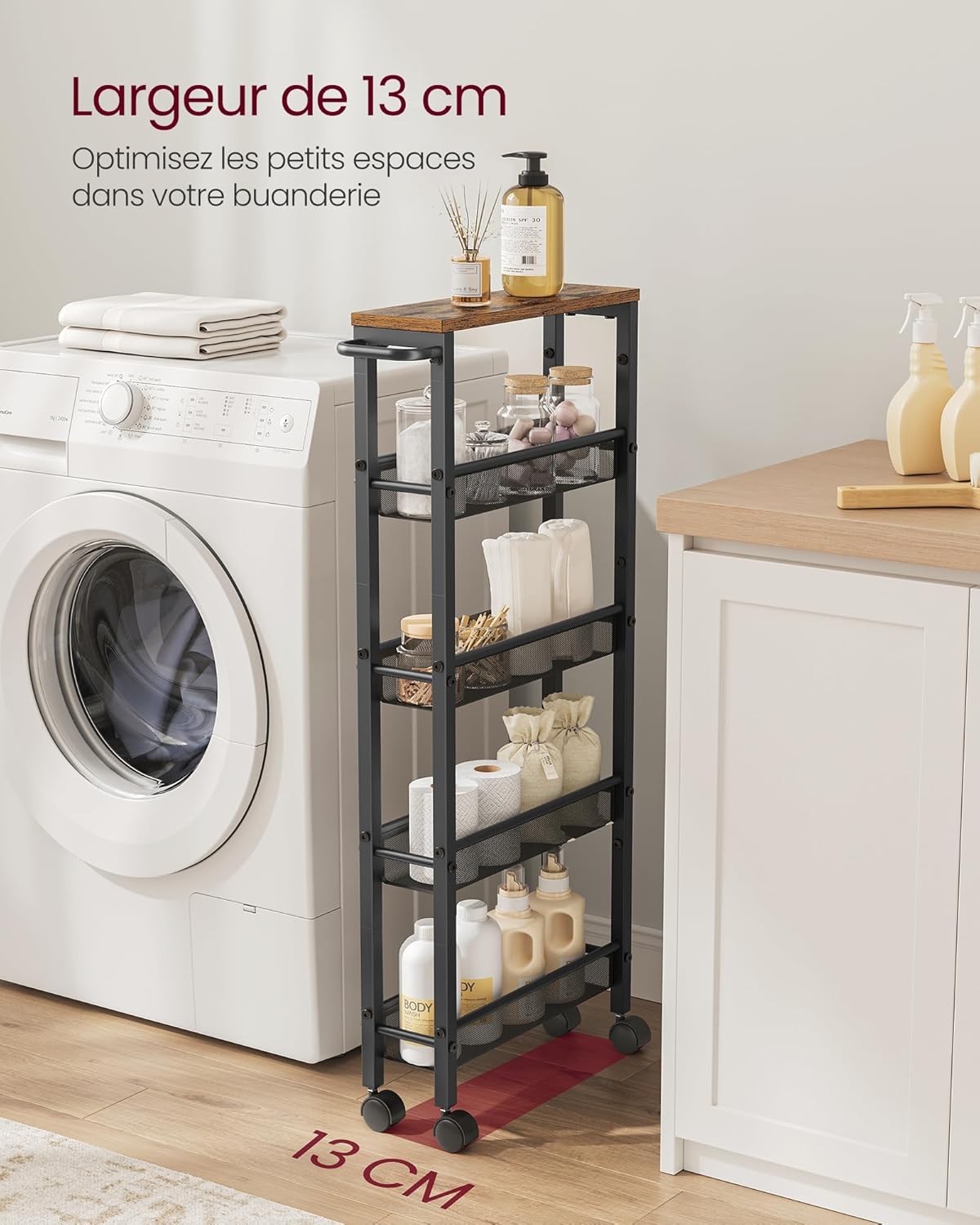 VASAGLE - desserte 5 niveaux - 13x45,4x99,6cm - roulettes, acier, poignée, LRC034B01