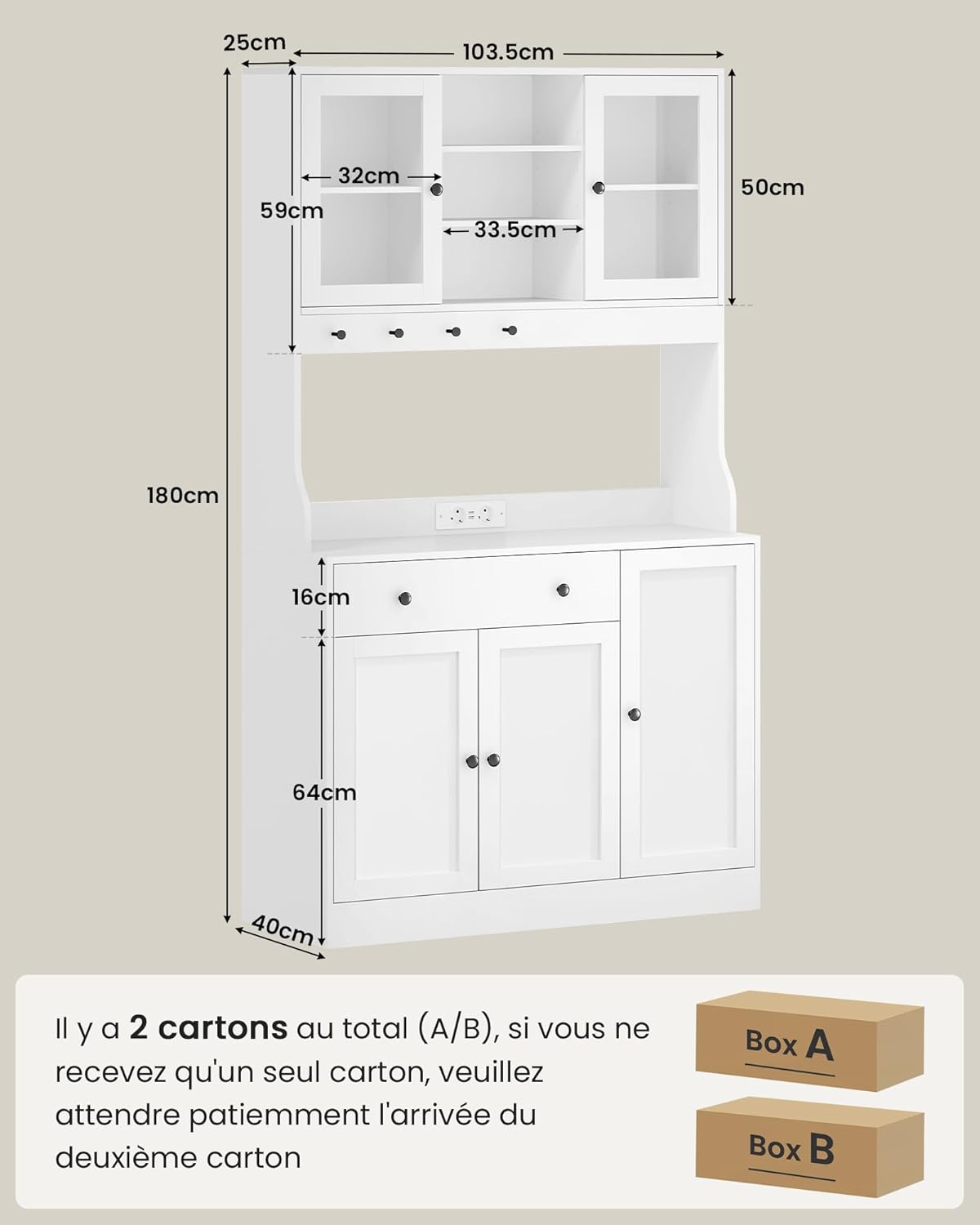 Meuble buffet cuisine - plan de travail LED, multiprise, 103,5x40x180 cm, 4 compartiments, tiroir modulable