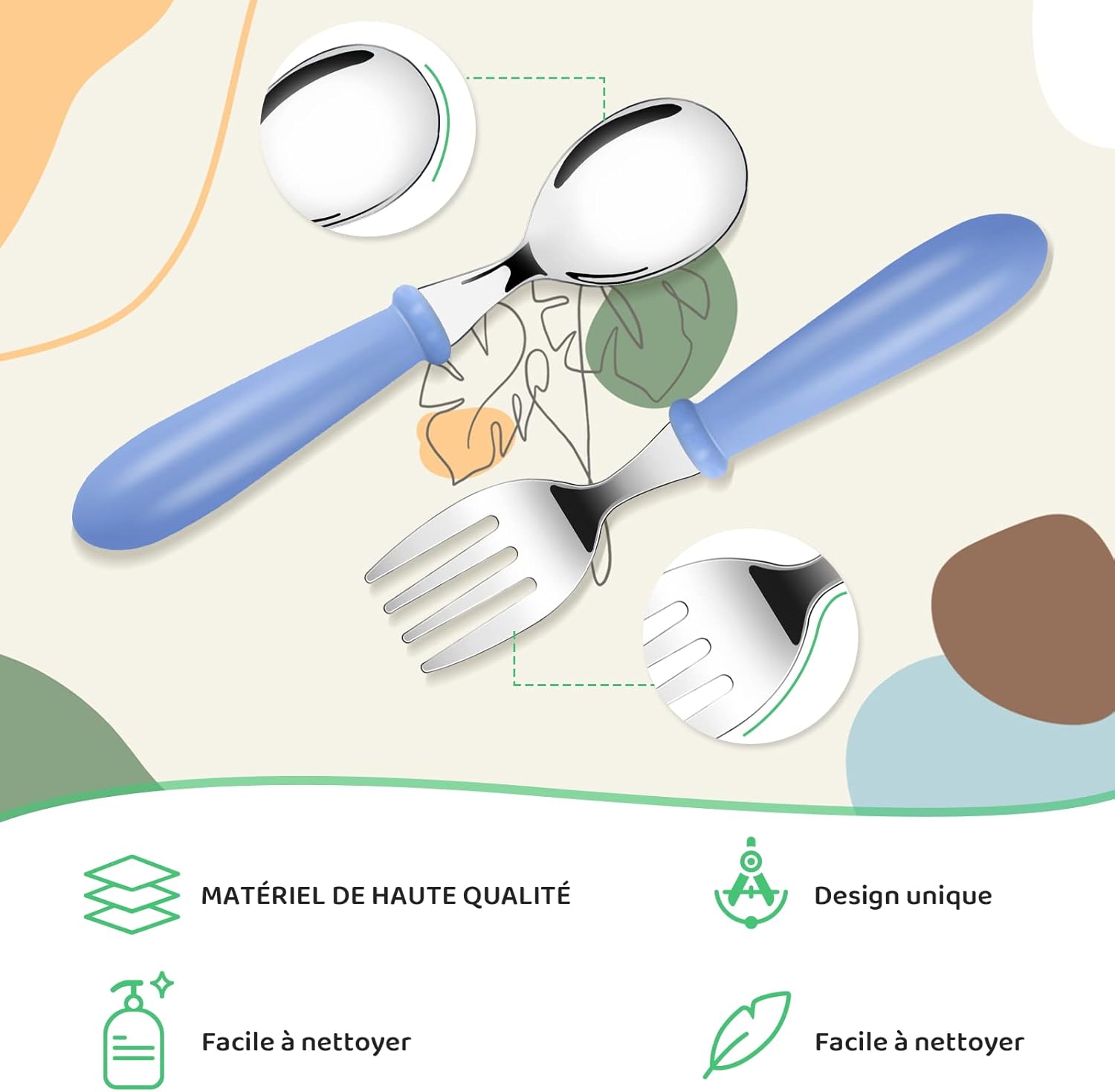 Couverts enfants inox 8 pièces - poignée ronde - coloris variés