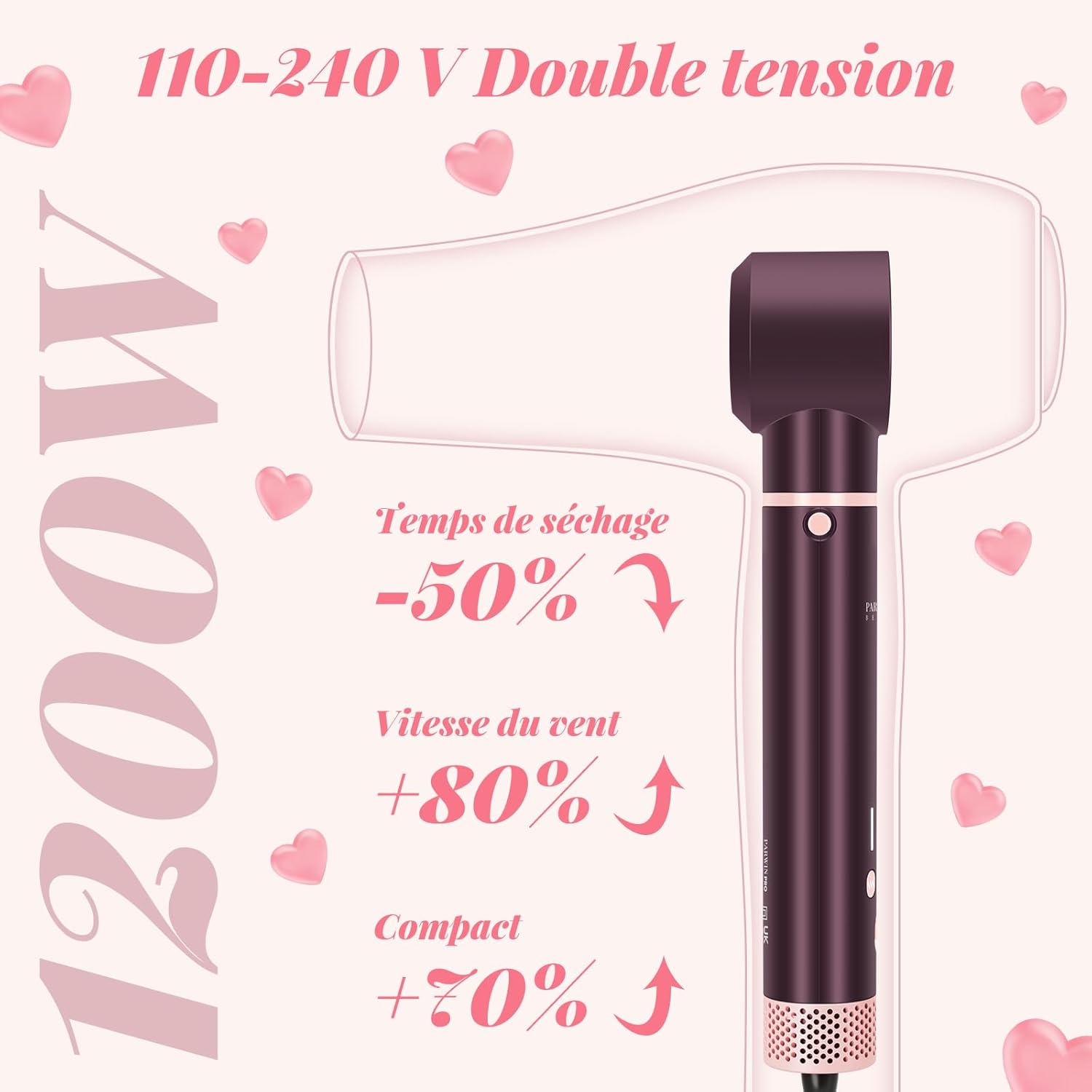 Air styler 7 en 1 - multi-fonction - 110,000 RPM, double tension, lisseur, brosse volumisante, Jasper Plum