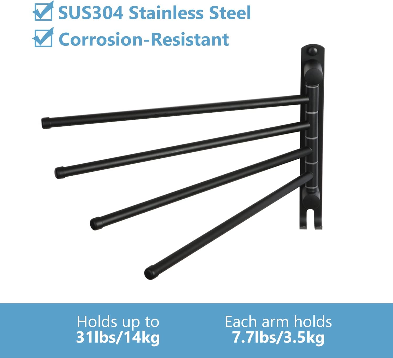 JSVER - Porte-serviettes 4 barres rotatives 180°, acier inox, mural, 42cm