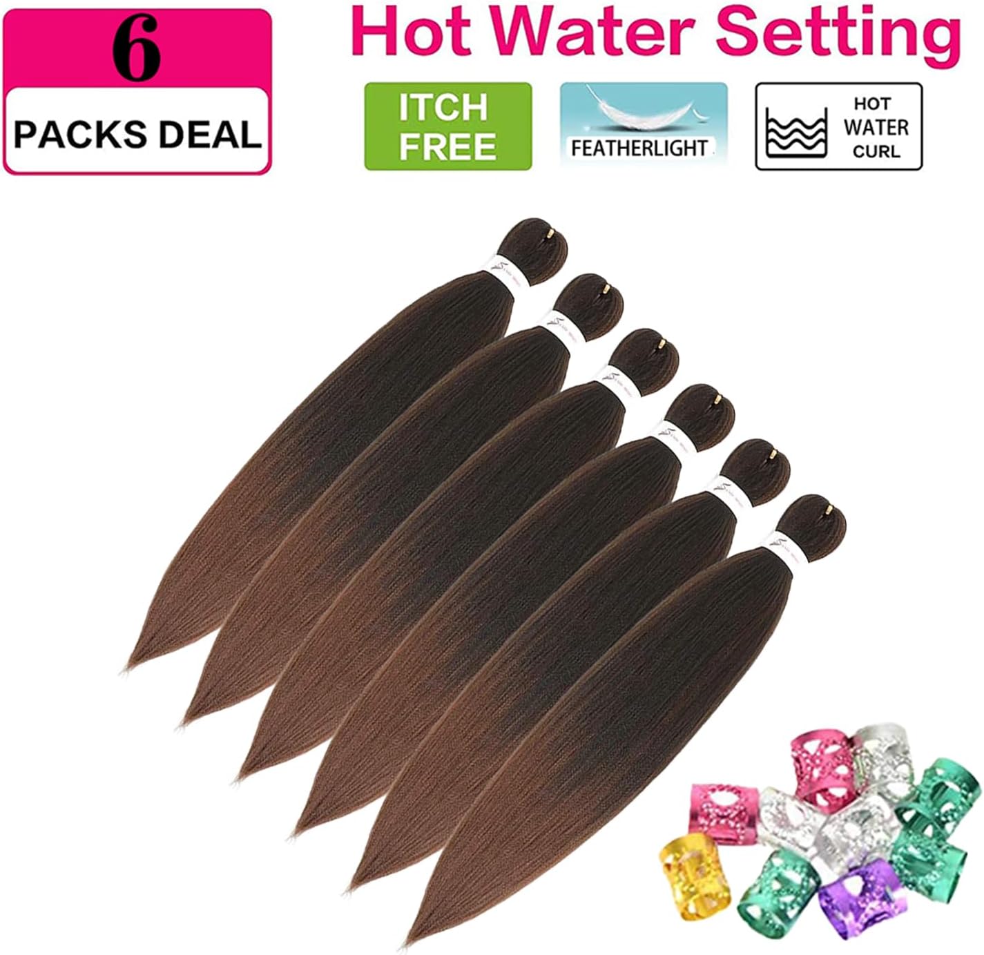 Extensions cheveux synthétiques - lot de 6 - 76 cm - doux, sans nœuds, ombré Yaki T1B/30