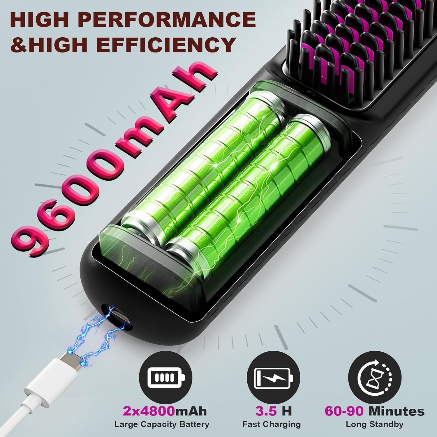 Brosse lissante sans fil - rechargeable USB 9600mAh, ions négatifs, chauffante, portable