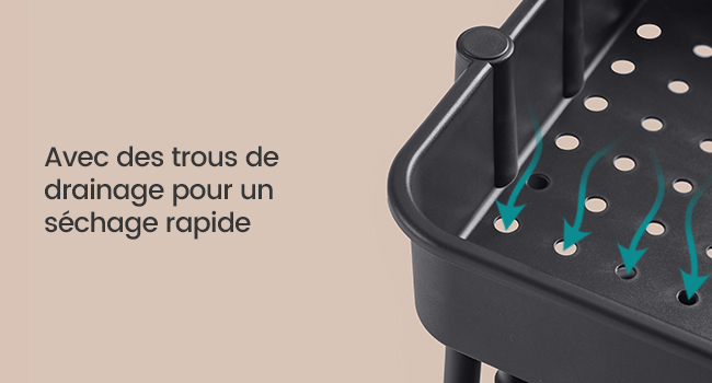 Le texte se lit comme suit : « Avec des trous de drainage pour un séchage rapide ». Gros plan d'un matériau de chaussure noir montrant des trous de drainage avec des détails turquoises.