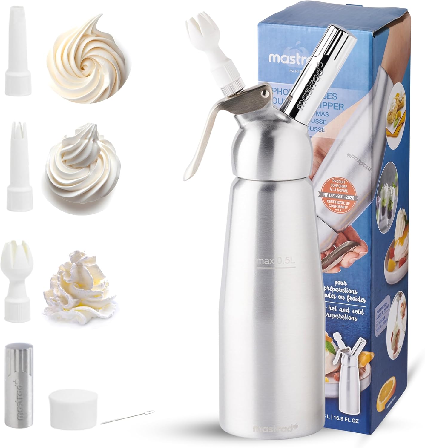 Mastrad - siphon aluminium 0,5L - piston inox, 3 douilles, brosse