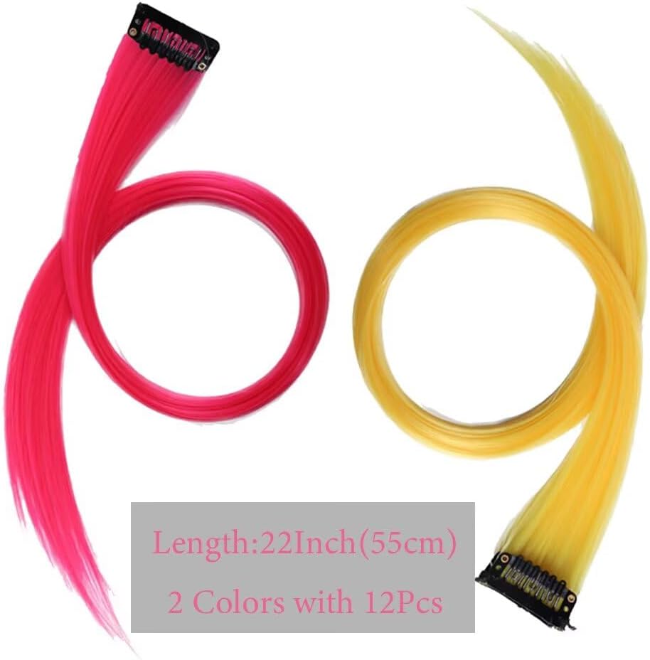 Extension cheveux – mèches rose pêche/jaune – 55cm, 12pc, clips, fête