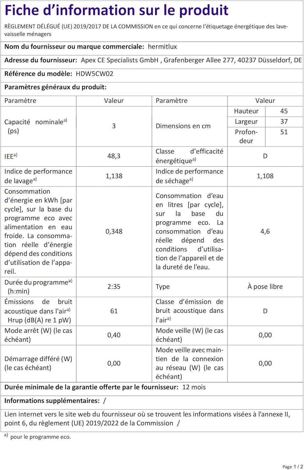 Hermitlux - Mini lave-vaisselle compact, 5 couverts, réservoir 5L, 6+1 programmes