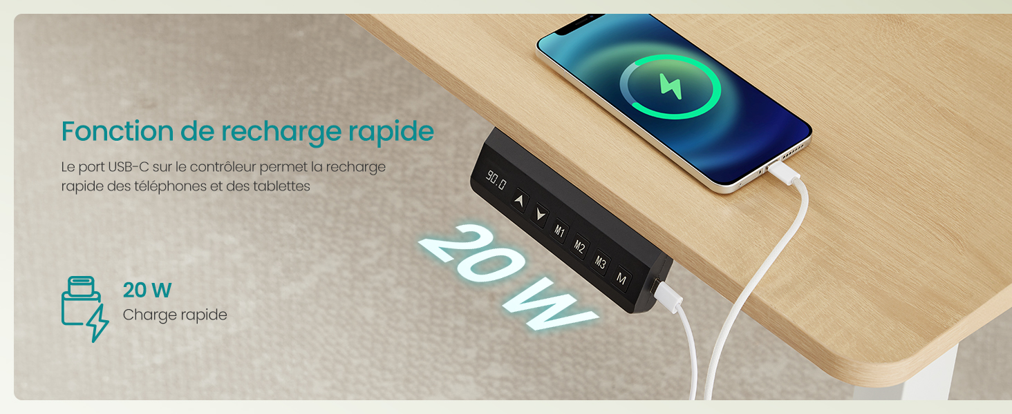 Support de recharge sans fil présenté en finition beige/bois avec indicateur de charge éclairé. Les angles multiples présentent un design élégant et minimaliste pour le chargement des smartphones.