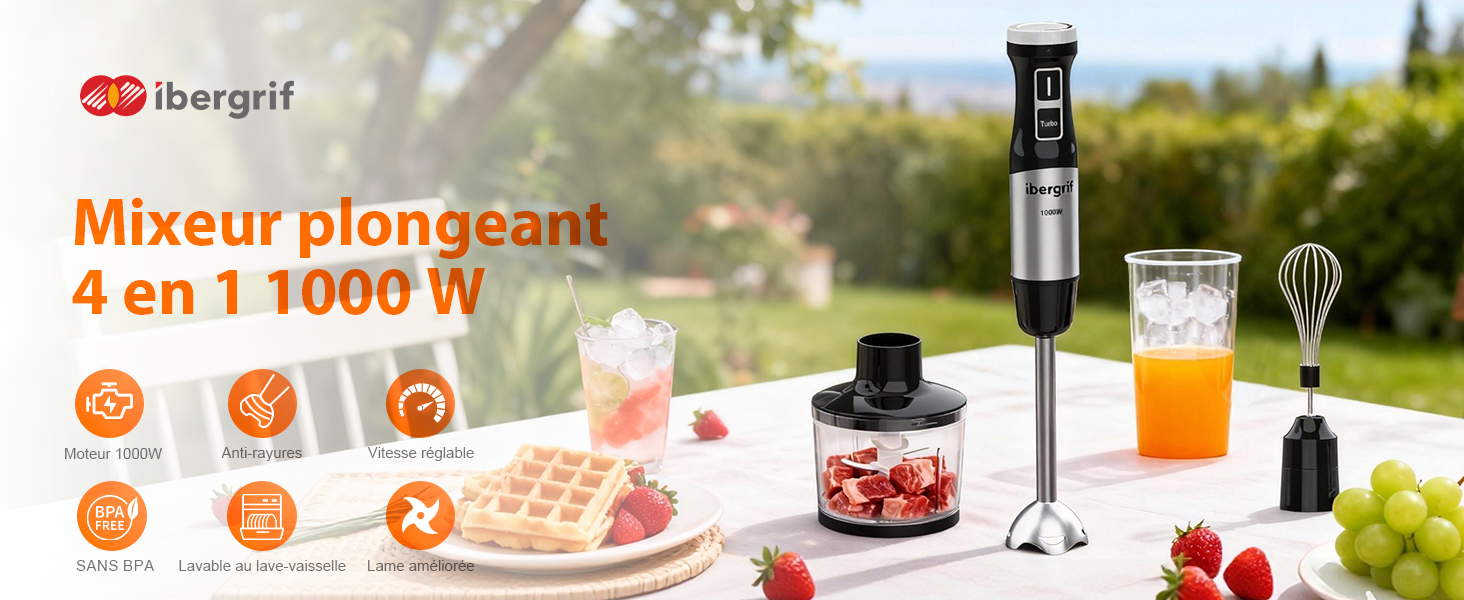 Le texte indique « ibergrift » et « Mixeur plongeant 4 en 1 1000W ». La photo du produit montre un ensemble mélangeur à immersion avec accessoires, fouet et tasse à mesurer avec des fraises et du jus d'orange.