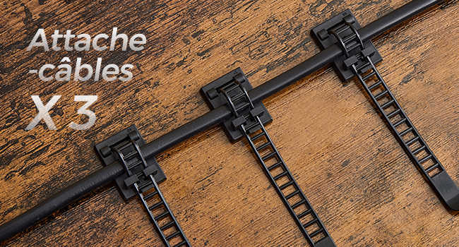 Le texte se lit comme suit : « Attache » et « -cables ». Série de points de fixation de câbles mécaniques montrés montés sur une surface brune texturée, illustrant la séquence d'installation.