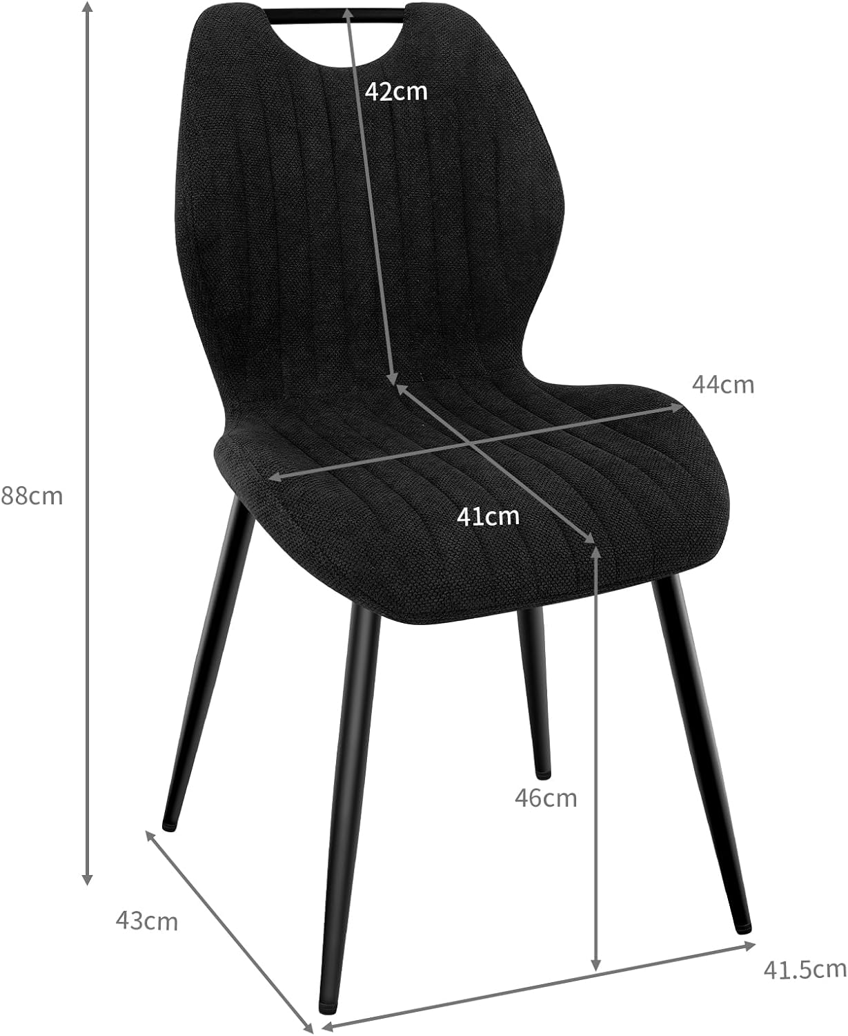 Chaise de salle à manger - tissu noir, pieds métal, lot de 2, dossier confortable