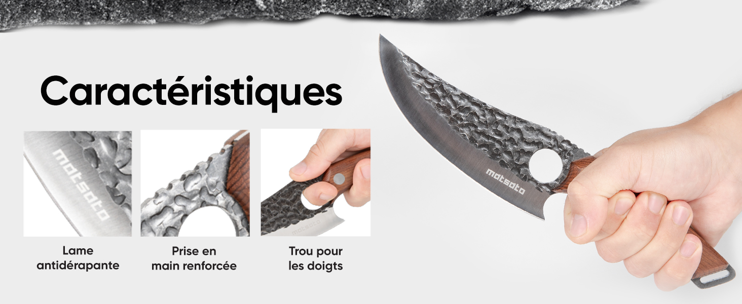 avec lame texturée et manche ergonomique. Trois panneaux mettent en valeur les caractéristiques suivantes : lame antiadhésive, poignée renforcée et rainures pour les doigts pour un meilleur contrôle