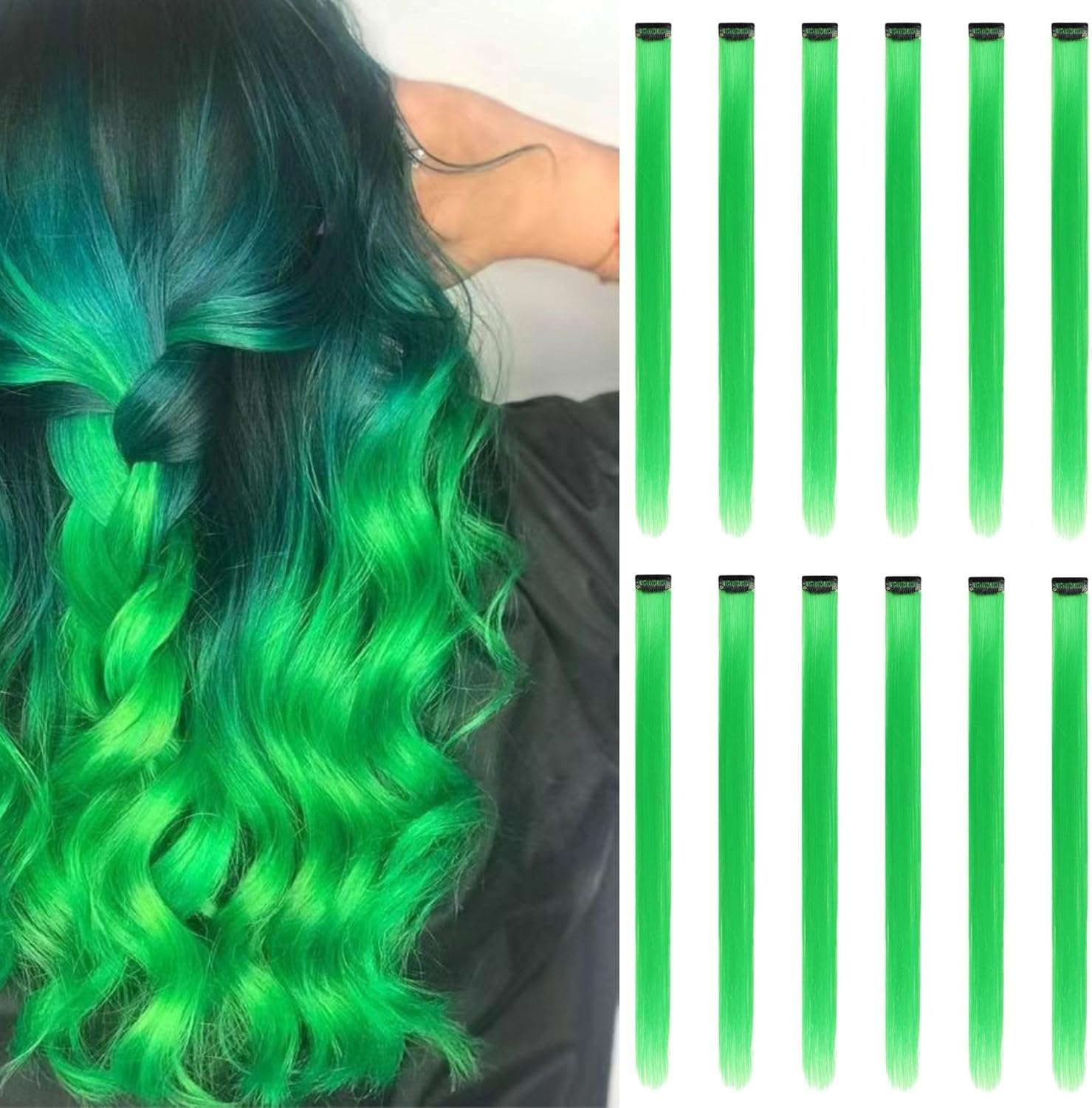 Extensions de cheveux - Colorées à clipser, 12 pièces, vert, 30cm