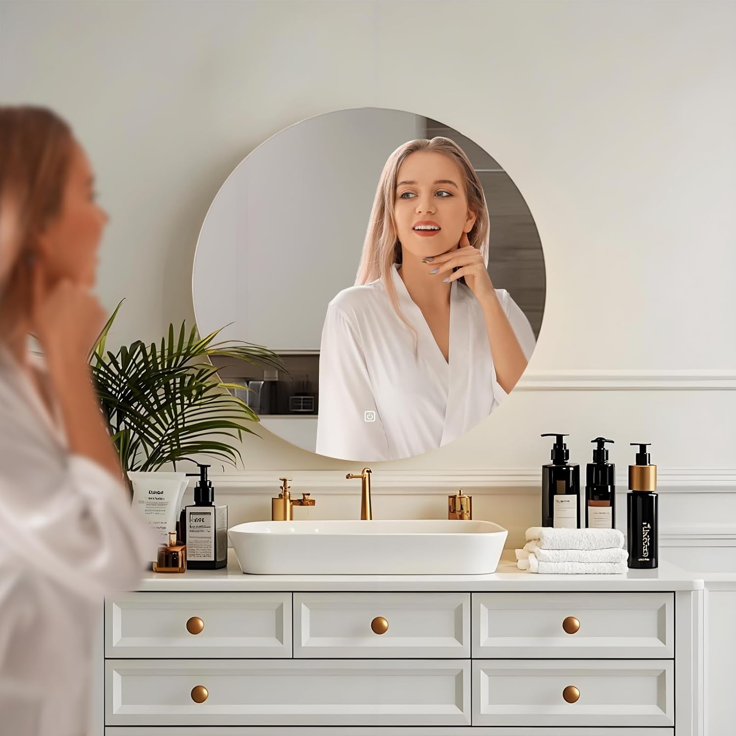 Miroir salle de bain - rond 80 cm - LED, 3 couleurs, tactile, dimmable