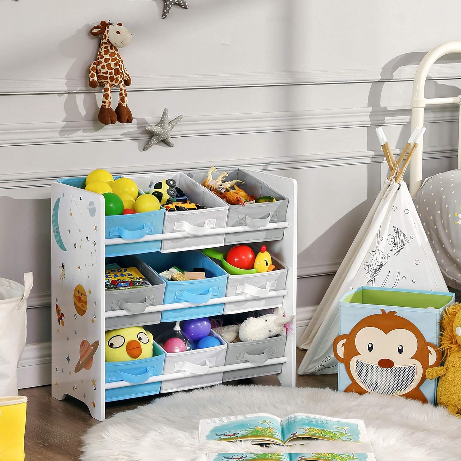 SONGMICS - étagère rangement enfant, 62,5x29,5x60cm, 9 boîtes amovibles, motif espace GKR33WT