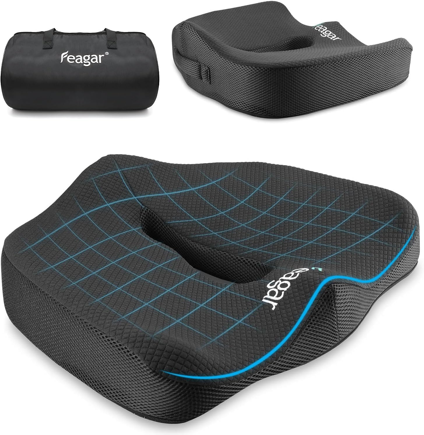Feagar - Coussin mémoire ergonomique pour assise - noir - soutien coccyx, siège voiture, bureau, fauteuil roulant