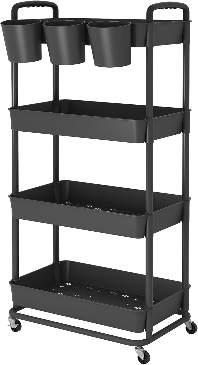 JIUYOTREE - chariot 4 niveaux, roulettes verrouillables, gobelets, poignées, noir
