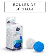Le texte indique « BOULES DE SECHAGE ». L'image du produit montre des boules de séchage bleues à pointes avec l'emballage du produit.