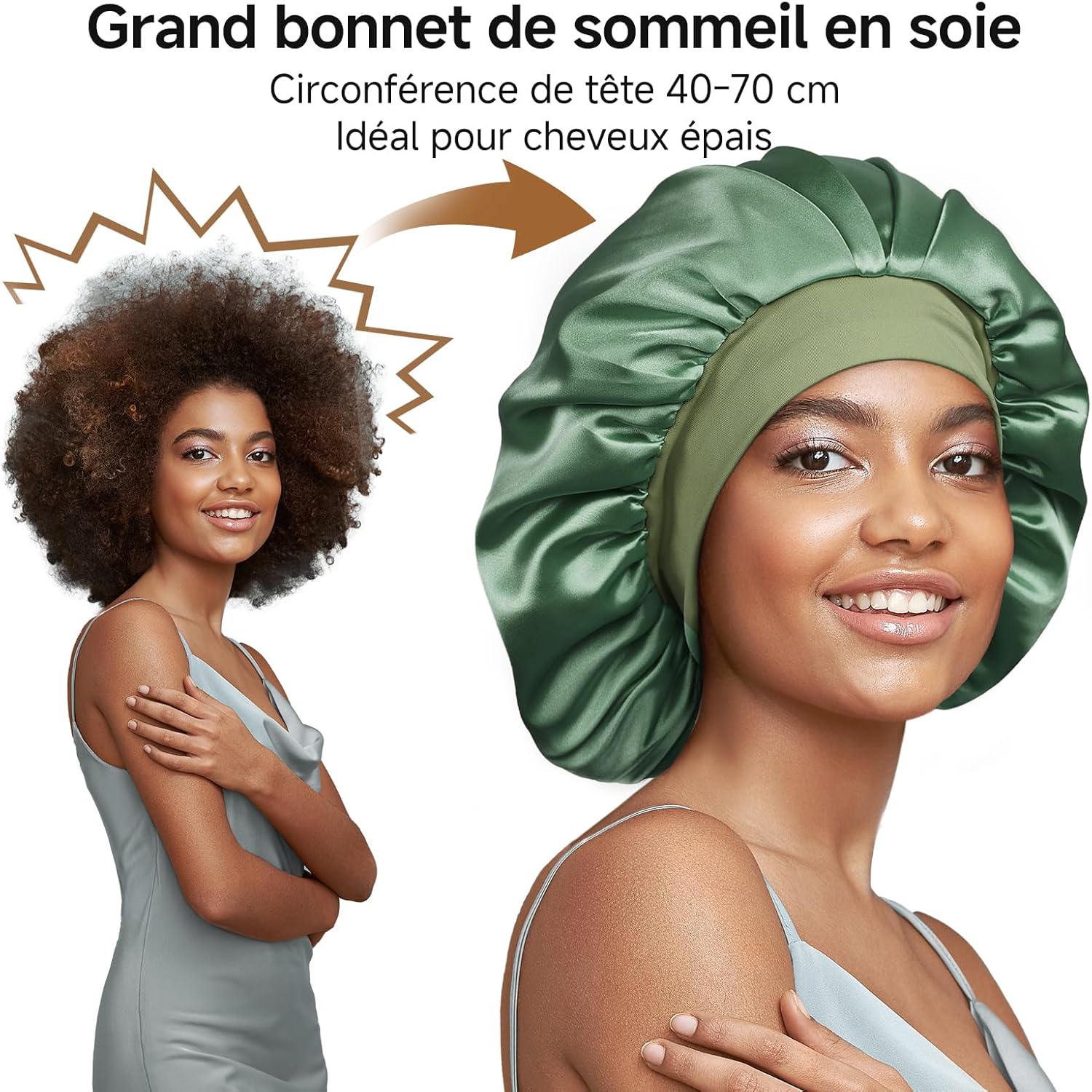 Umisleep - Bonnet nuit soie 22 Momme, double épaisseur, vert, cheveux longs ou bouclés