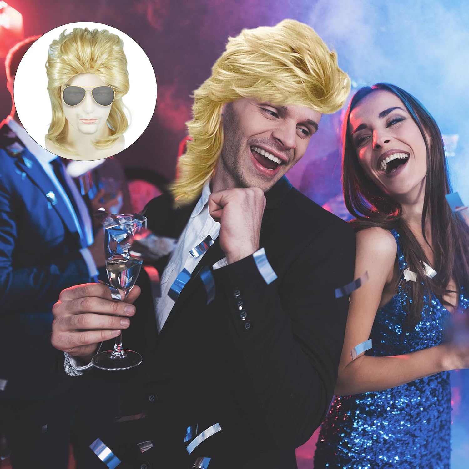 Perruque mulet homme - blond longue bouclée - années 80/90 - idéale cosplay carnaval halloween