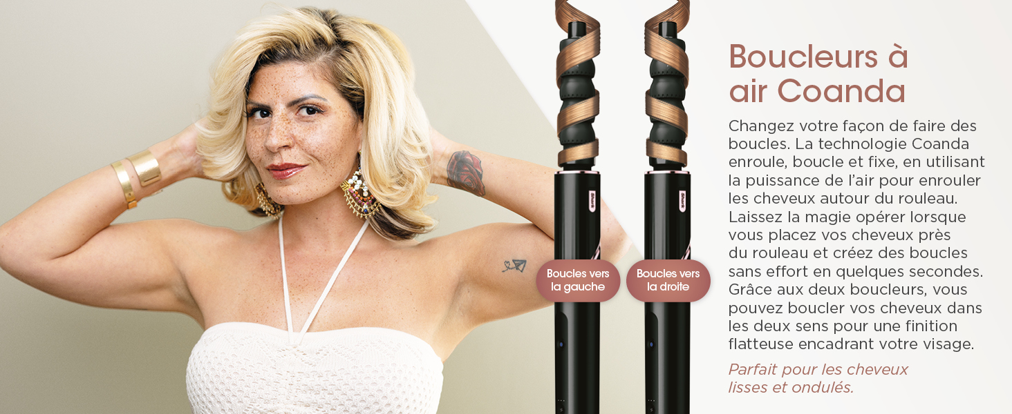 Le texte se lit comme suit : « Boucleurs à la Goanda ». Image du produit montrant deux outils de coiffure à motifs en spirale avec une description détaillée en texte français.