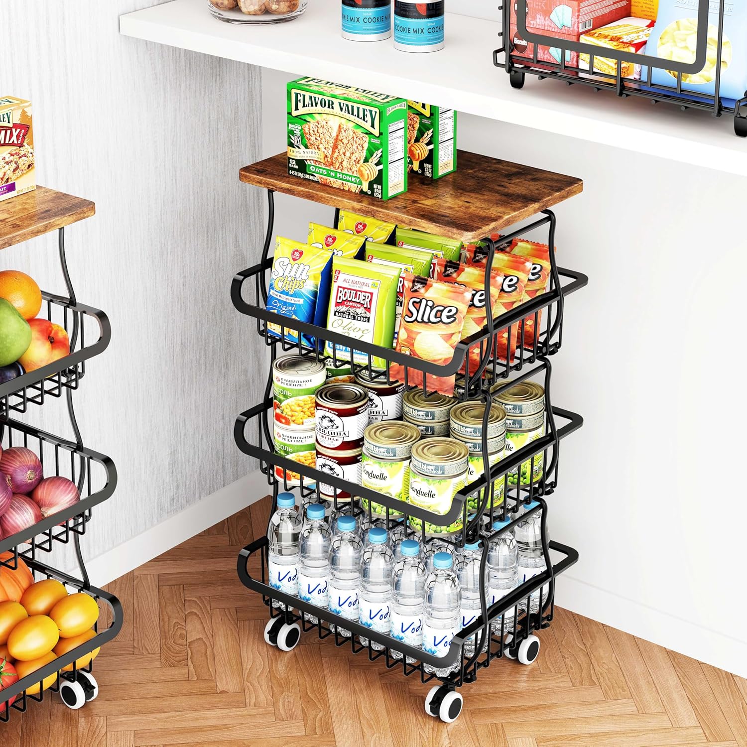 Organisateur de Garde-Manger 4 niveaux, paniers empilables, roulantes, rangement cuisine/salle de bain