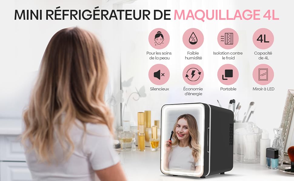 avec miroir, éclairage LED et écran tactile. Les caractéristiques incluent le contrôle de la température, un fonctionnement silencieux et la portabilité.