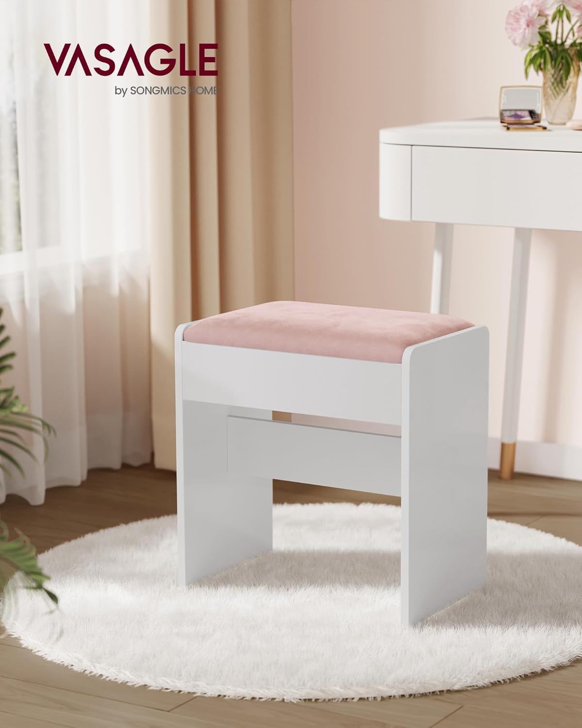 VASAGLE - Tabouret Kailyn, velours rose/blanc, antidérapant, rembourré, RDS001W01