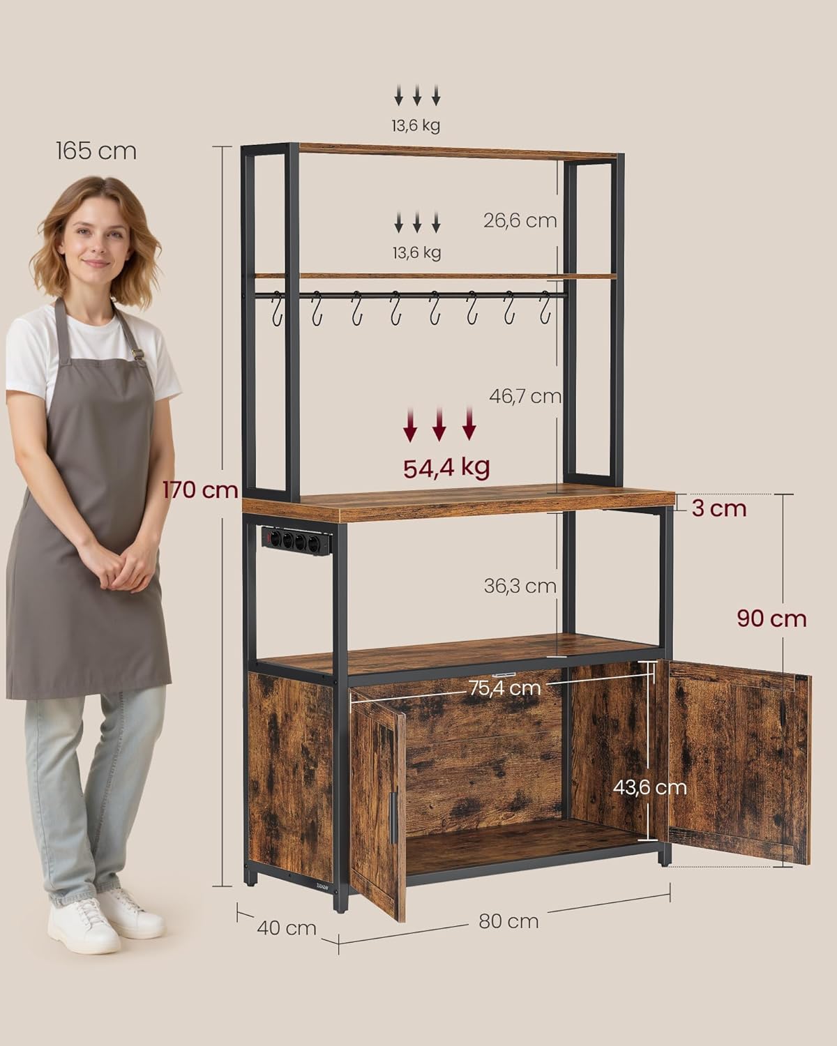 VASAGLE - étagère cuisine série KKS - 40x80x170 cm - plan de travail, multiprise, 8 crochets - KKS059KD02