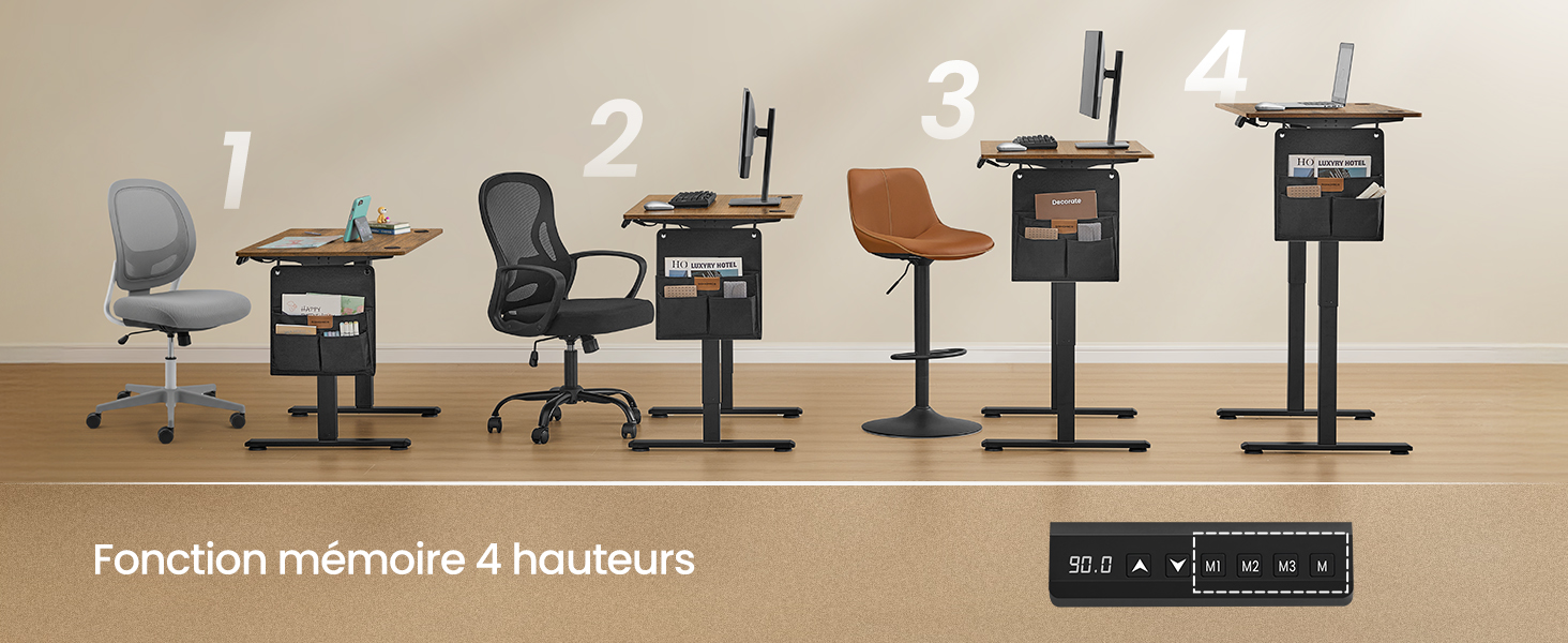 Le texte se lit comme suit : « Fonction minimale 4 hauteurs ». Rangée de cadres ou de supports de bureau réglables en hauteur présentés dans un cadre beige/blanc.