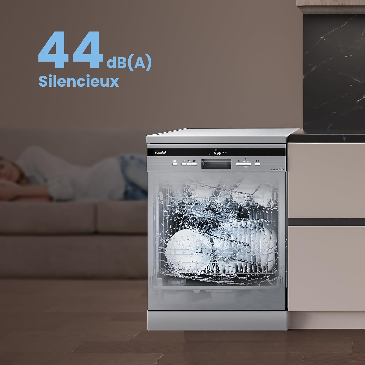 COMFEE' - Lave-vaisselle FD1435E-X - grand format, 14 couverts, écran LED, inox, 44 dB, demi-charge, départ différé