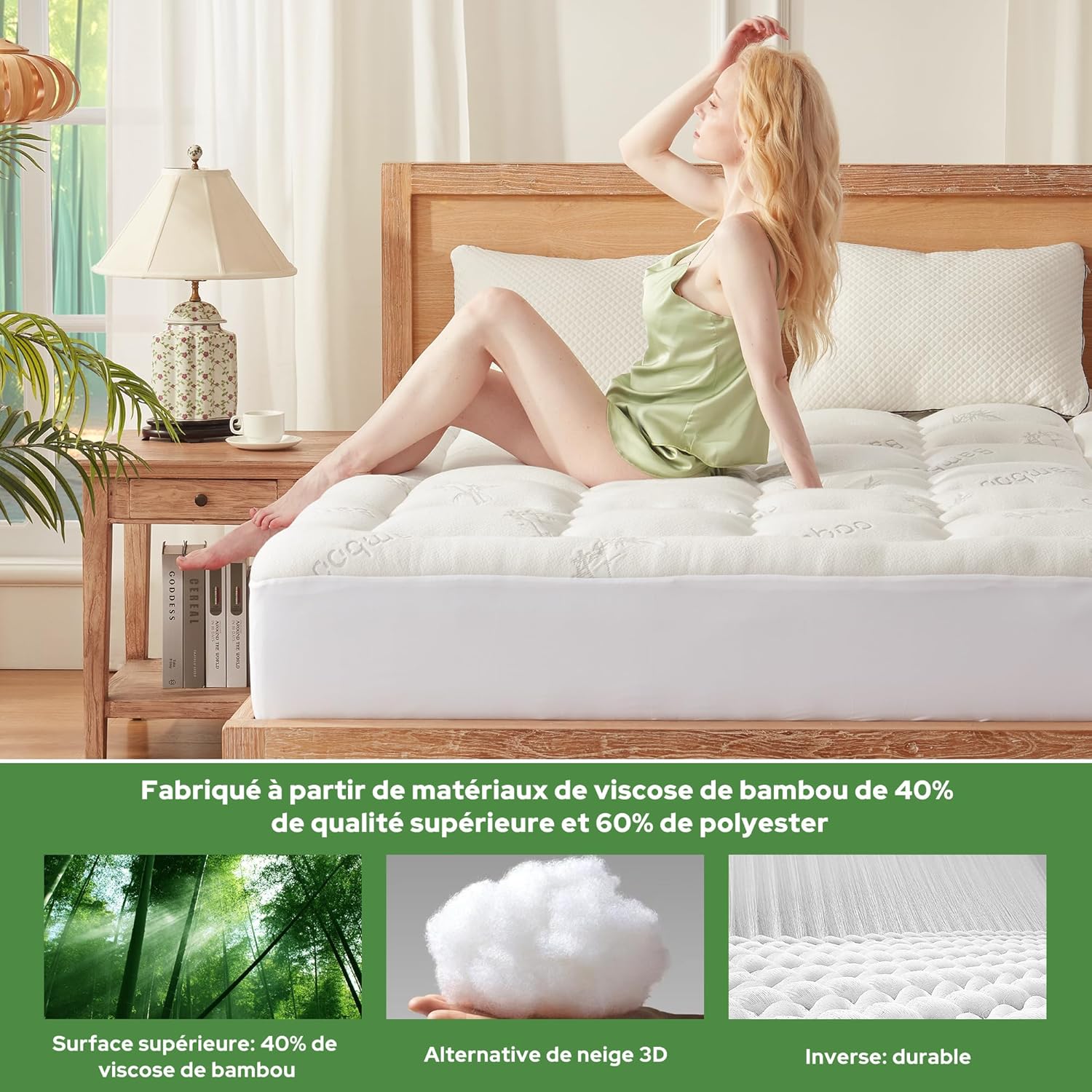 BEDLORE - surmatelas matelassé - 90x200 cm - bambou respirant, bonnet 30 cm, Oeko-Tex