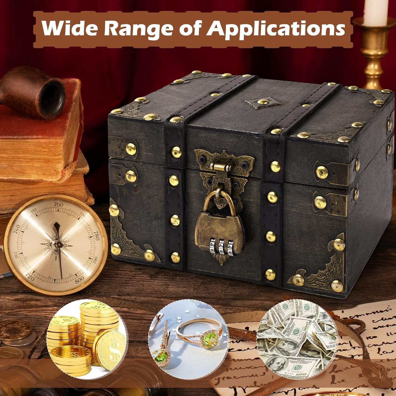 Coffre Trésor Vintage en Bois - boîte à code, cadenas pirate, gris, idéal enfant décor.