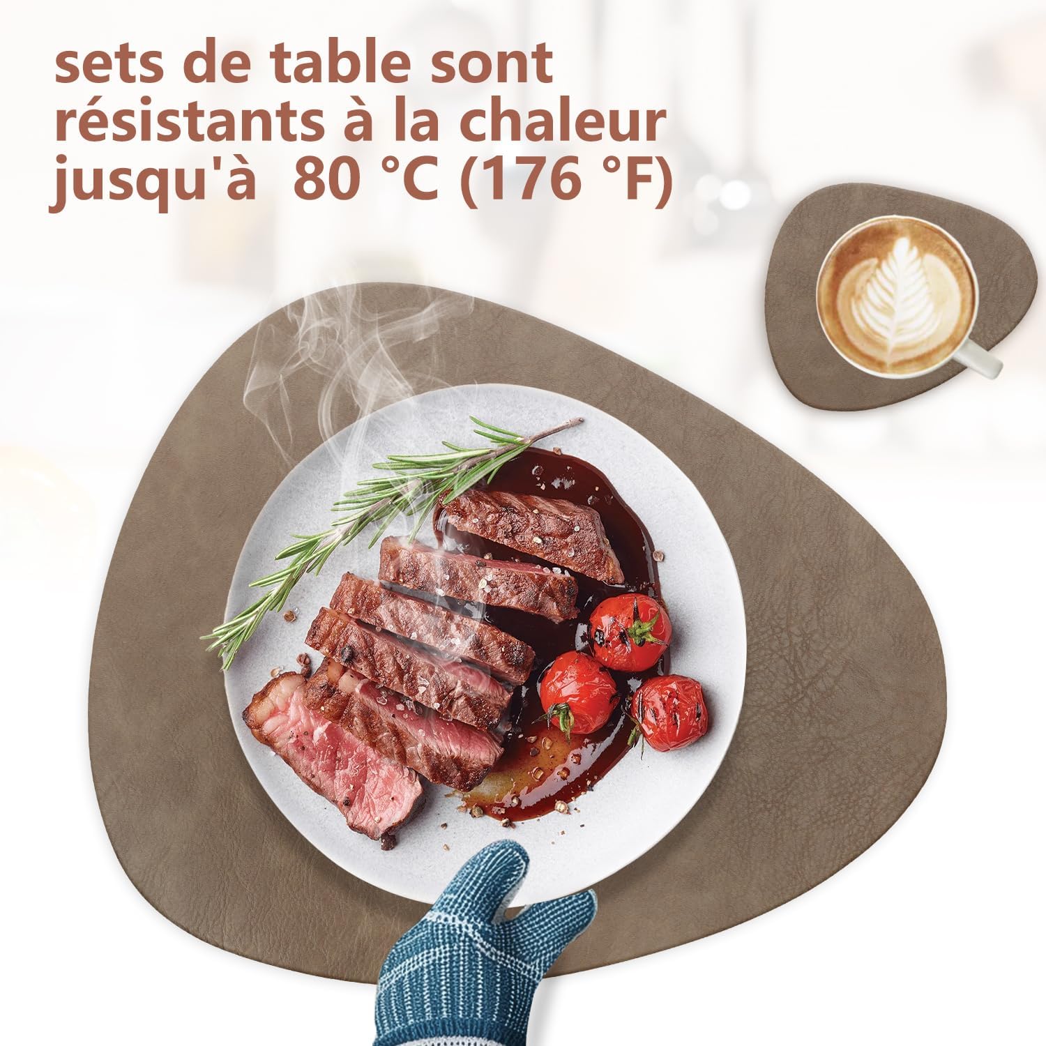 Set de table - lot de 4, PU double face, antidérapant, 41x33cm, marron