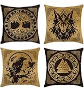 Artoid Mode Lot de 4 housses de coussin Viking Futhark Runes Odin Arbre de Vie Doré 45 x 45 cm Loup R