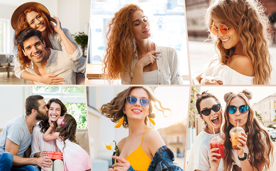 de six photos de style de vie mettant en scène des personnes dans divers environnements extérieurs, mettant en valeur des visages souriants et des activités estivales