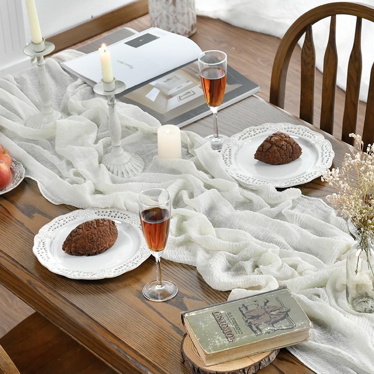 Artoid Mode - chemins de table bohème 400cm - mousseline blanc laiteux