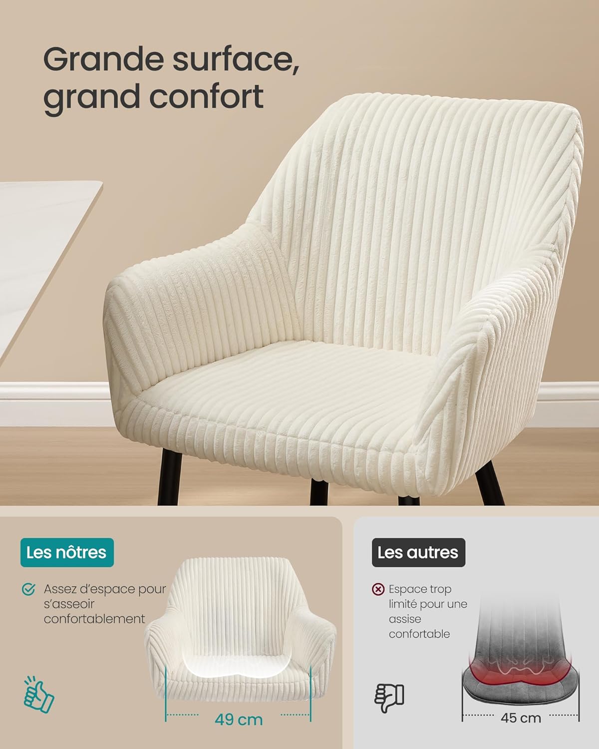 SONGMICS - Chaises salle à manger (lot de 6) - velours, accoudoirs, pieds métal, blanc crème, charge 120 kg - LDC087WD01