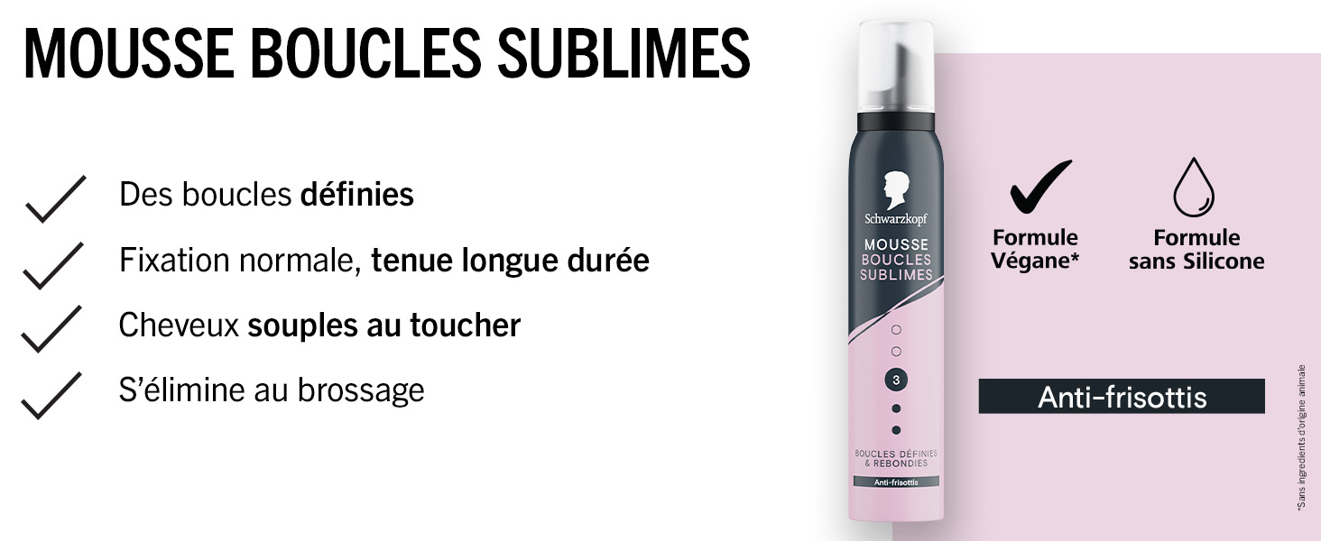 Le texte se lit comme suit : « MOUSSE BOUCLES SUBLIMES ». Publicité de produit montrant un produit de soin des cheveux avec des puces cochées en français.