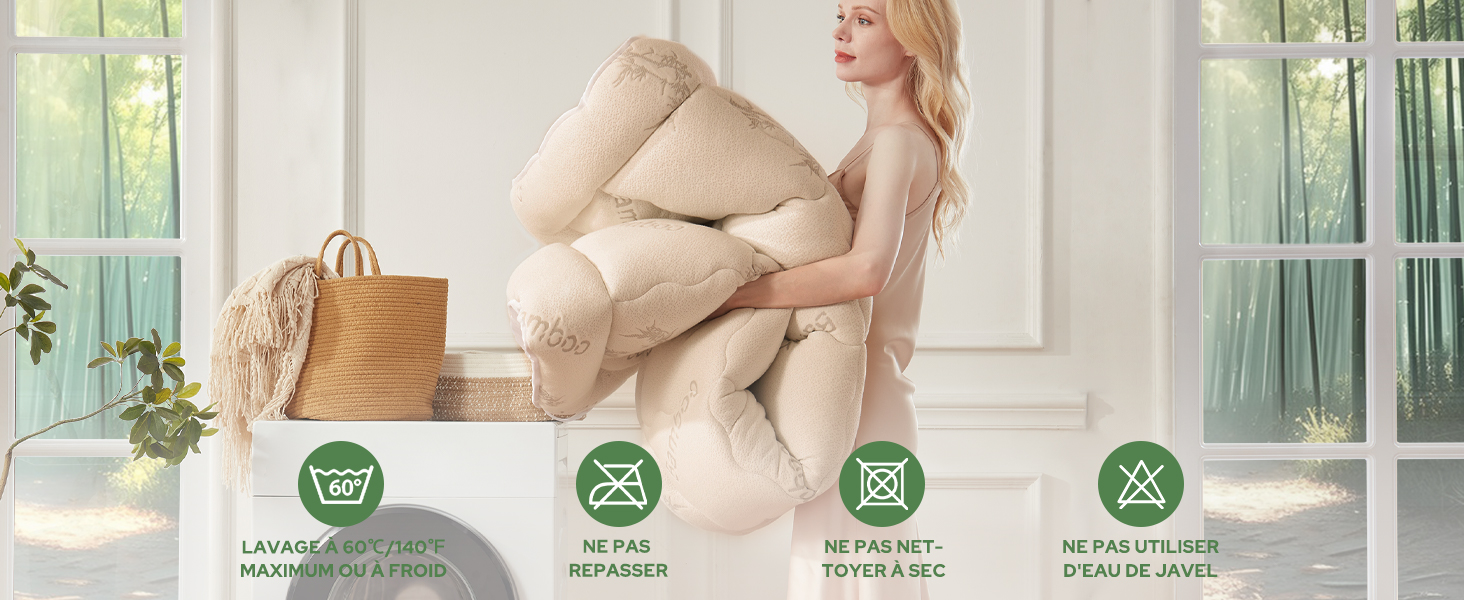 Cadre intérieur de la maison montrant quatre icônes circulaires avec des symboles liés à la buanderie, affichées sur un fond de pièce lumineux et ensoleillé.